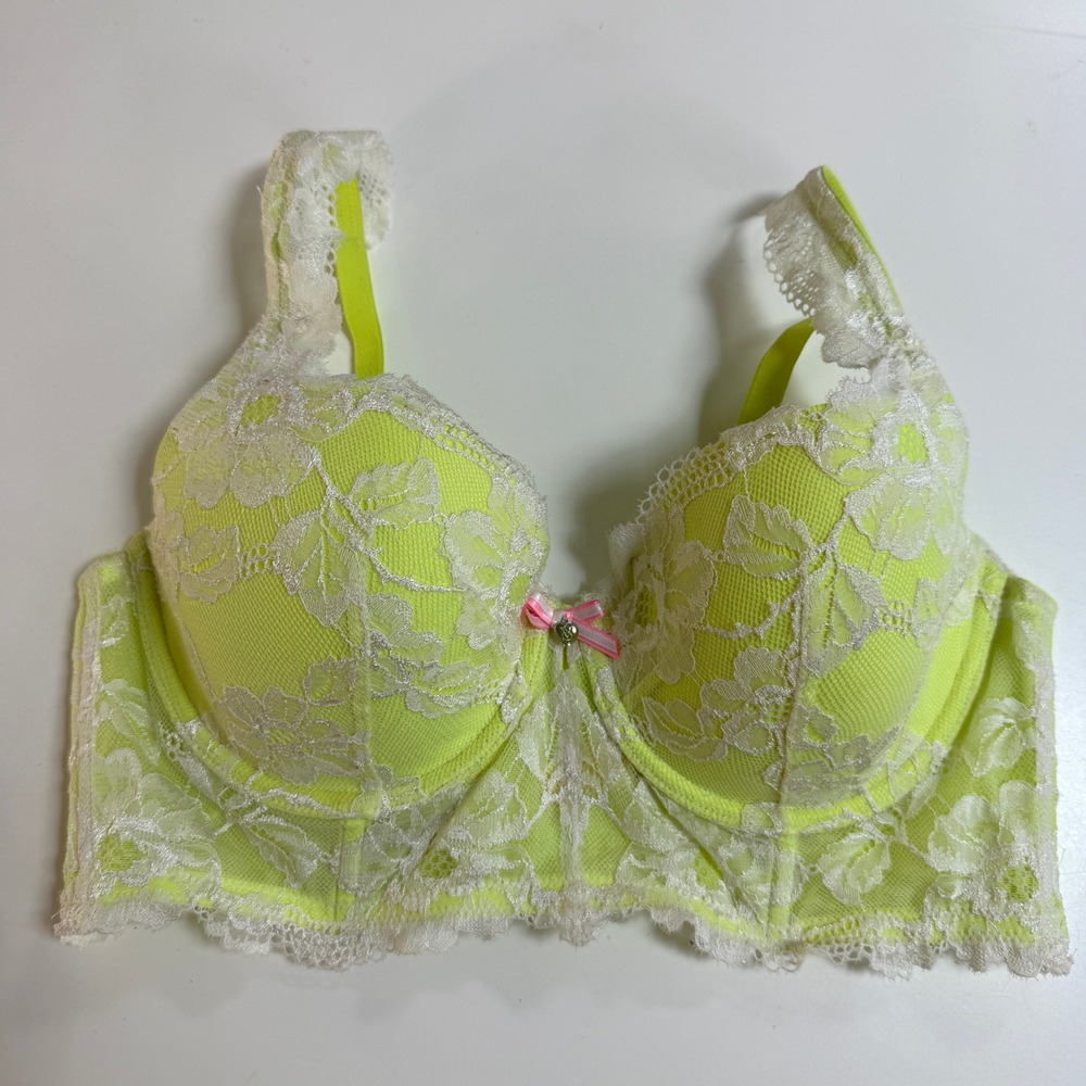 Victoria's Secret Demi Bra Neon Yellow Women 36C Lace Excellent Condition